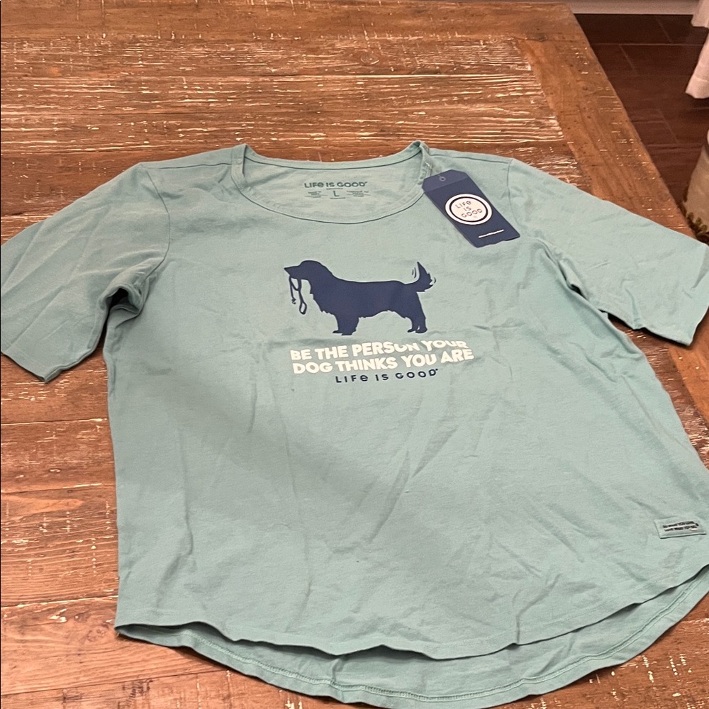 Life Is Good Teal T-Shirt with Dog Graphic